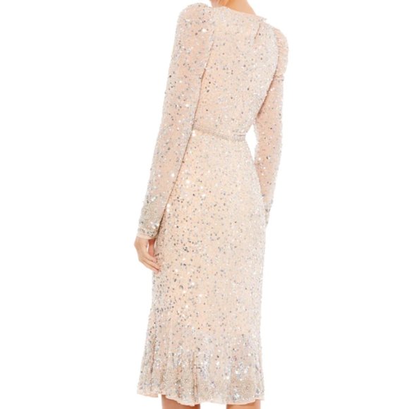 MAC DUGGAL 10740 SEQUIN EMBELLISHED HEMLIN BELT NUDE/SILVER MIDI DRESS sz 8 - Picture 2 of 6